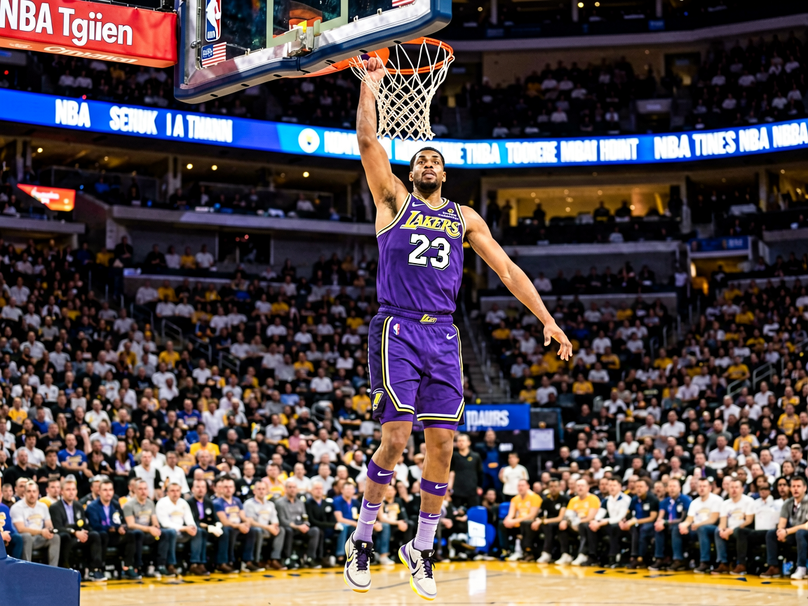 NBA比赛现场，球员在空中扣篮的精彩瞬间